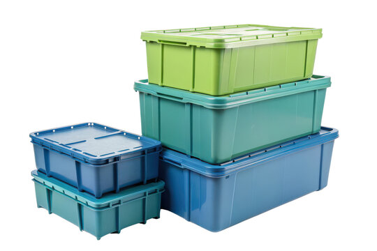 Stack of colorful plastic storage bins isolated with transparent background
