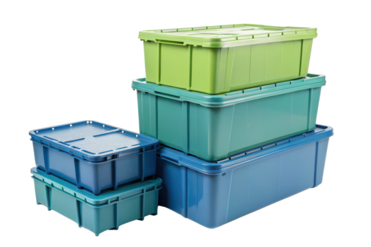 Stack of colorful plastic storage bins isolated with transparent background