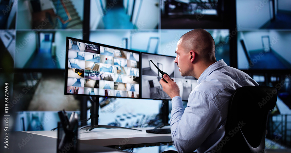 Poster security system cctv monitor room. man using walkie talkie