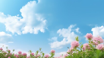 Fototapeta premium Pink flowers bloom beneath a bright blue sky with fluffy clouds