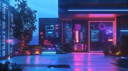 Obraz premium Futuristic building exterior at night with neon lights and digital interface displays.