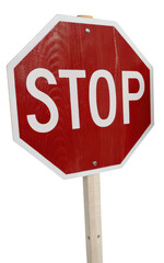 Red octagonal stop sign on a post isolated with transparent background