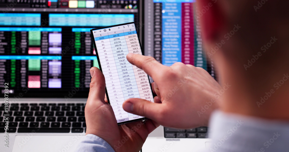 Fototapete Spreadsheet Data Analyst Using Computer Software