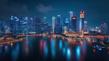 Obraz premium Night cityscape, skyscrapers reflecting in water.