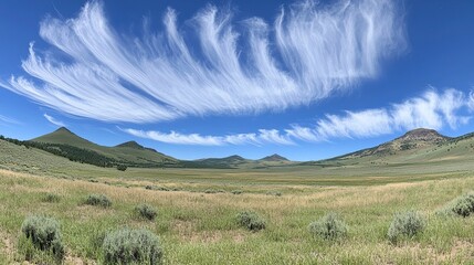 Obraz premium Panoramic view of a vast grassland under a striking, windswept sky featuring unique cloud formations and rolling hills in the distance.