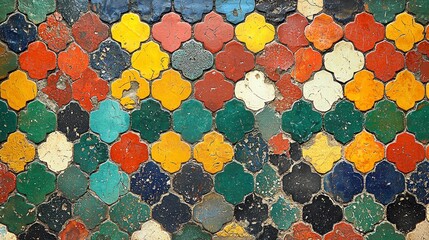 Colorful, weathered quatrefoil tile mosaic texture.