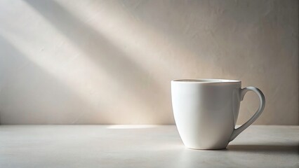 Fototapeta premium Minimalist White Mug on a Soft Surface - Elegant and Simple Coffee Cup Photography for Modern Aesthetics and Home Decor Inspiration