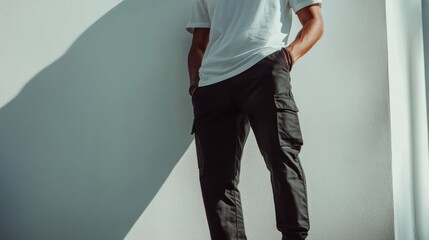 Man in White T-Shirt and Black Cargo Pants Posing Against a White Wall