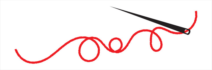 Set of needle with thread vector icons. Black and Red silhouette with sewing needle. Vector. Colorful Thread.