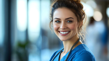 Fototapeta premium Nurse smiling warmly in a hospital setting with bright light and soft background