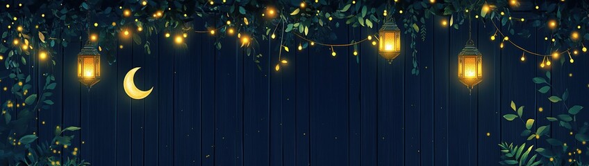 Fototapeta premium Enchanted Night: Glowing Lanterns, Crescent Moon, and Twinkling Lights Adorn Wooden Fence, Peaceful Nighttime Scene