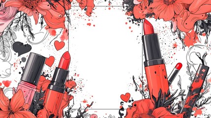 Playful Cosmetics-Themed Frame with Cartoon-Style Elements and Vibrant Accents