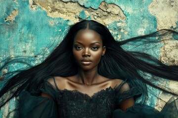 Fototapeta premium Commercial commercial visual idea. Long trim - straight hair. Gorgeous calm black girl - for ads, banner and digital marketing use. Elegant long hair. African american girl. Long hair beauty.