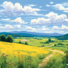 Fototapeta premium Serene Yellow Field Landscape Under Blue Sky