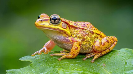 Fototapeta premium Brightly Colored Frog Resting on Green Leaf in Vibrant Natural Habitat with Soft Background Blur