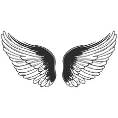 Elegant Angel Wings Clipart: Black and White Outline Design with Memorial and Spiritual Symbolism.