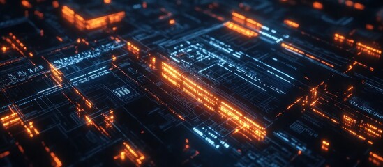 Fototapeta premium Abstract digital circuit board with glowing orange and blue lines.