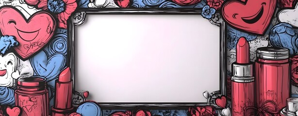 Playful Cosmetics-Themed Frame with Cartoon-Style Elements for Cheerful Message