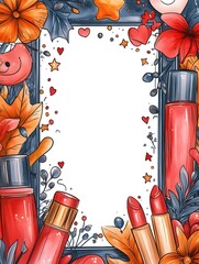 Playful Cosmetic-Themed Frame with Cartoon-Style Beauty Elements Surrounding Blank Space for Message
