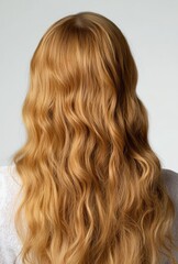 Naklejka premium Long Flowing Golden Hair: Back View of Woman with Wavy Locks against Neutral Background for Hair Care or Fashion Themes