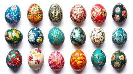 Collection of hand-painted Easter eggs in various colors and floral patterns, arranged on a white background.