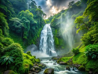 Fototapeta premium A majestic rainforest waterfall cascades, white water plunging through lush greenery against a mountainous backdrop.