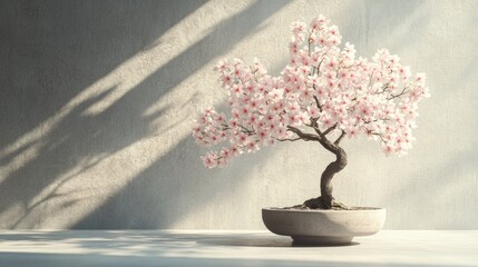 Fototapeta premium Blooming cherry blossom bonsai tree in a pot, sunlight.