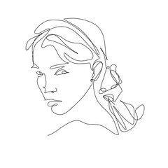 Vector line art portrait girl face with flower. Continuous line, drawing of faces wonen, fashion concept, woman beauty minimalist. Illustration for phone case, t-shirt, slogan design print