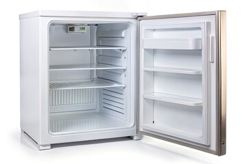 Fototapeta premium A pristine, empty hotel mini-fridge, open, stands alone against a stark white backdrop.