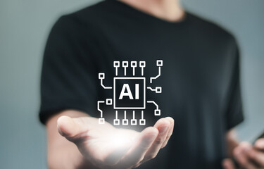 ai, network, neural, technology, innovation, tech, digital, futuristic, cyberspace, intelligence. businessman with hologram ai technology in hand. digital marketing. big data and financial banking..