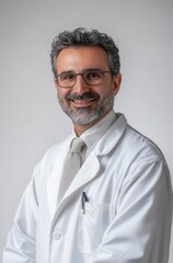 Obraz premium Professional Male Doctor Smiling Against Neutral Background Wearing Glasses and White Lab Coat, Showcasing Approachability and Expertise in Healthcare