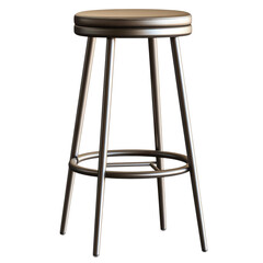 A modern bar stool with a brown leather seat and a sleek metal frame is shown against a black background.