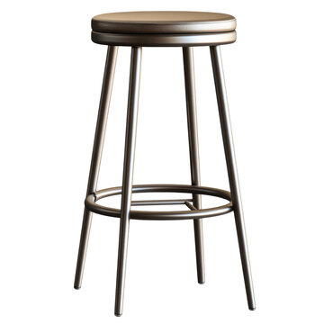 A modern bar stool with a brown leather seat and a sleek metal frame is shown against a black background.
