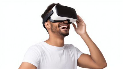 A young man wearing a virtual reality headset.