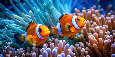 A vibrant orange and white clownfish amidst blue floral underwater scenery.