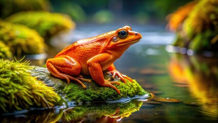 A vibrant orange frog, perched on a rock, gazes towards the tranquil water.