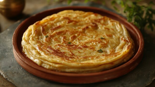 Popular breakfast dish Kerala Parotta or Paratha is a layered flatbread made from maida flour served in ceramic plate or platter in South India