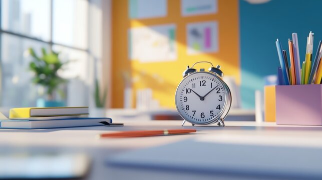 Bright classroom with alarm clock and colorful supplies in morning light