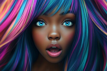 Long haircut - multicolored hair. Lovely very astounded black girl - for ads, brochure and online...