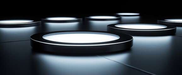 Illuminated circular platforms on dark surface.