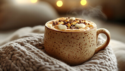 Photo Cozy Coffee Cup Warmth, Hot Chocolate, Heart Marshmallows, Knit Blanket, Autumn, Winter, Bokeh Lights, Home, Comfort, Drink