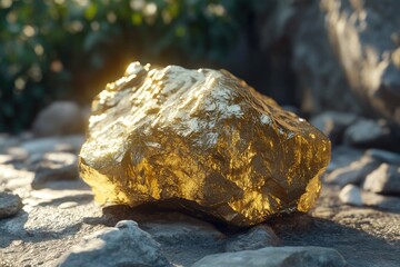 The pure gold ore found in the mine on a stone floor