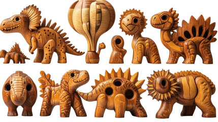 Fototapeta premium collection set of wooden dinosaur toys isolated on white background