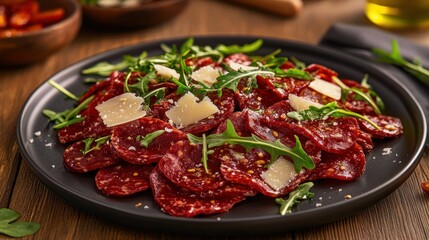 Delicious Spicy Salami with Arugula and Parmesan