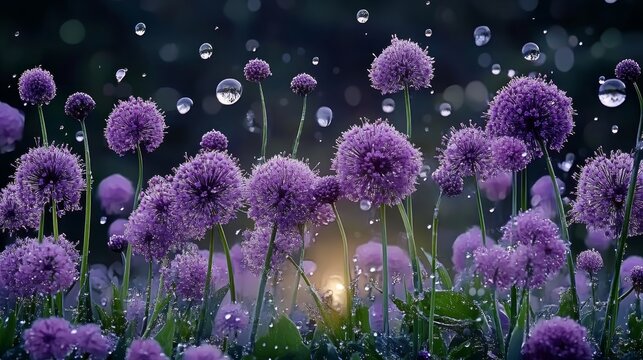 Vibrant purple alliums in rain with dew drops at sunset