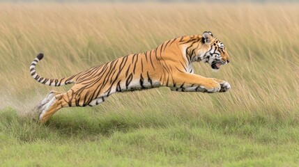 Fototapeta premium Majestic Bengal Tiger in mid-leap across grassy plains, showcasing its power and grace in a breathtaking wildlife moment.