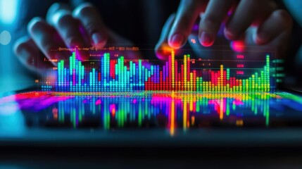 Hands interacting with a vibrant digital interface showing colorful bar graphs and data visualizations, symbolizing modern technology, data analysis, and innovation in a futuristic setting.