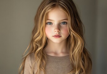 Fototapeta premium Young Girl with Freckles and Long Wavy Hair Posed in Soft Light, Captivating Expression and Clear Blue Eyes, Perfect for Family or Child Portrait Photography