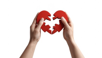 A minimalist design of two hands pulling apart a broken heart, symbolizing the struggle of letting go in a relationship