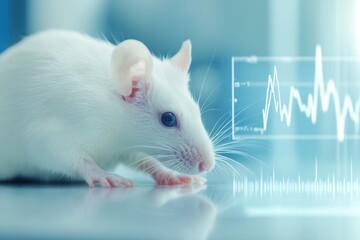 White Laboratory Mouse in Scientific Environment with Heartbeat Monitor Display and Research Equipment in Background for Medical and Biological Studies